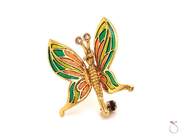 Vintage Butterfly Enamel & Diamond Brooch in 18K Yellow Gold
