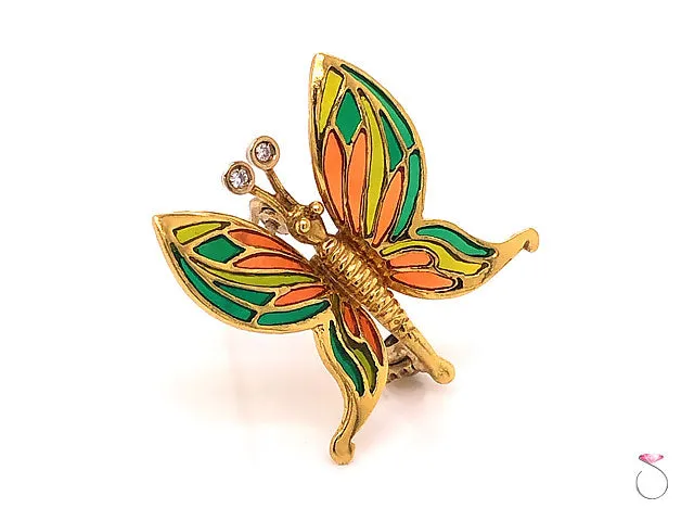 Vintage Butterfly Enamel & Diamond Brooch in 18K Yellow Gold