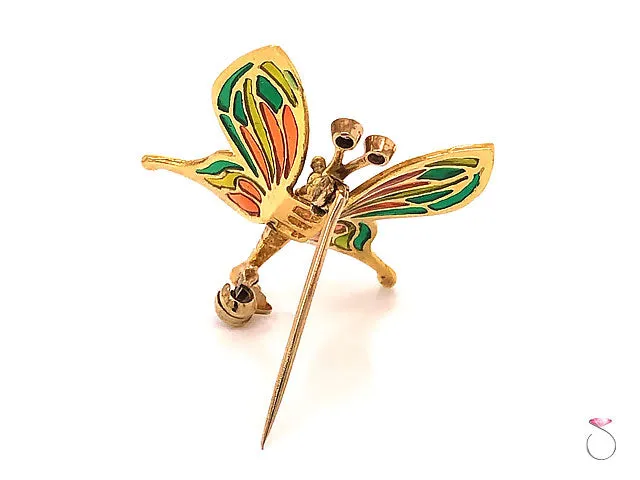 Vintage Butterfly Enamel & Diamond Brooch in 18K Yellow Gold