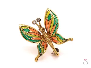 Vintage Butterfly Enamel & Diamond Brooch in 18K Yellow Gold