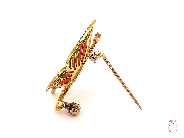 Vintage Butterfly Enamel & Diamond Brooch in 18K Yellow Gold