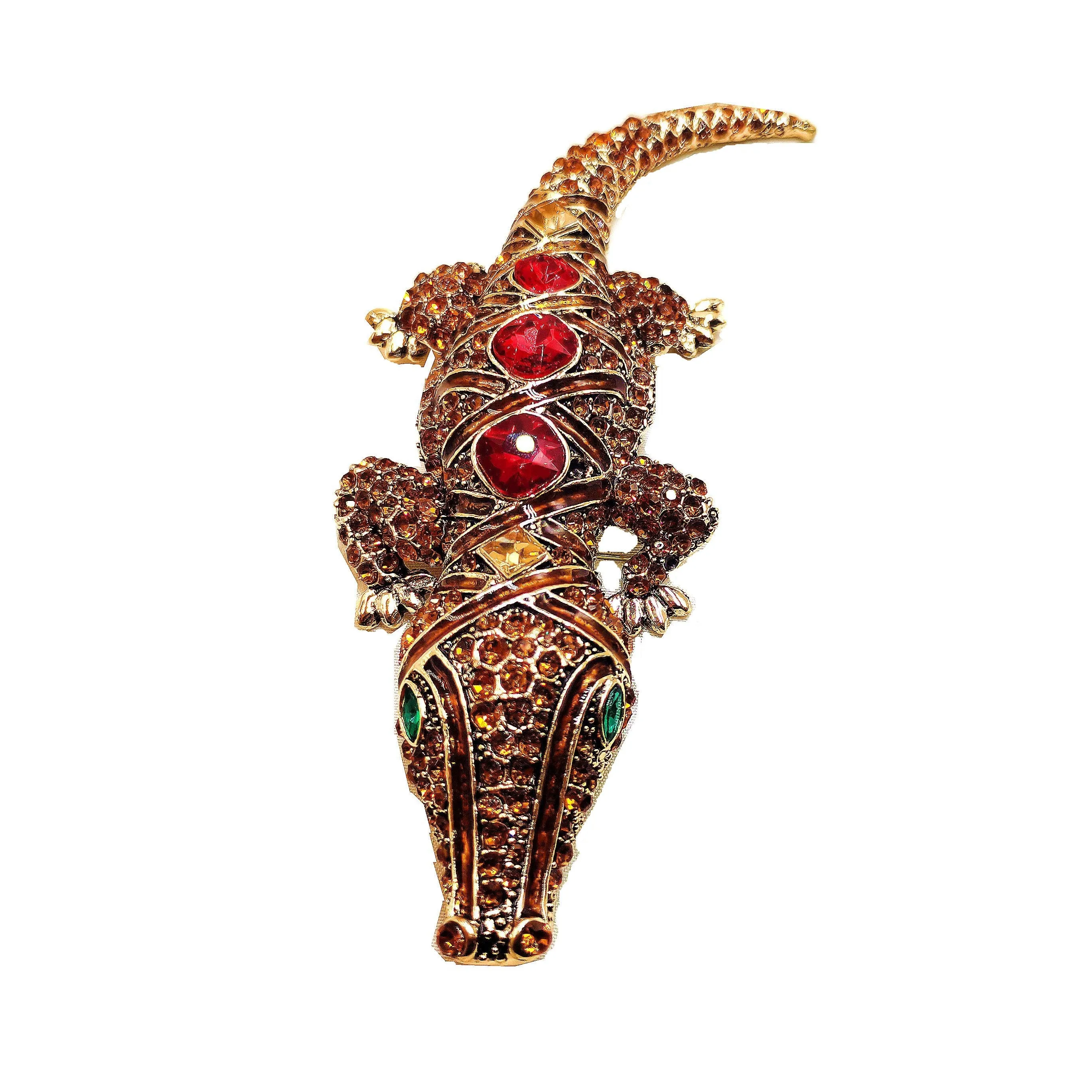 Vintage Enamel & Crystal Red Stone Accent Champagne Brown Large Alligator Brooches Pins Dangerous Animal Reptile Pedant Jewelry