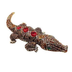 Vintage Enamel & Crystal Red Stone Accent Champagne Brown Large Alligator Brooches Pins Dangerous Animal Reptile Pedant Jewelry