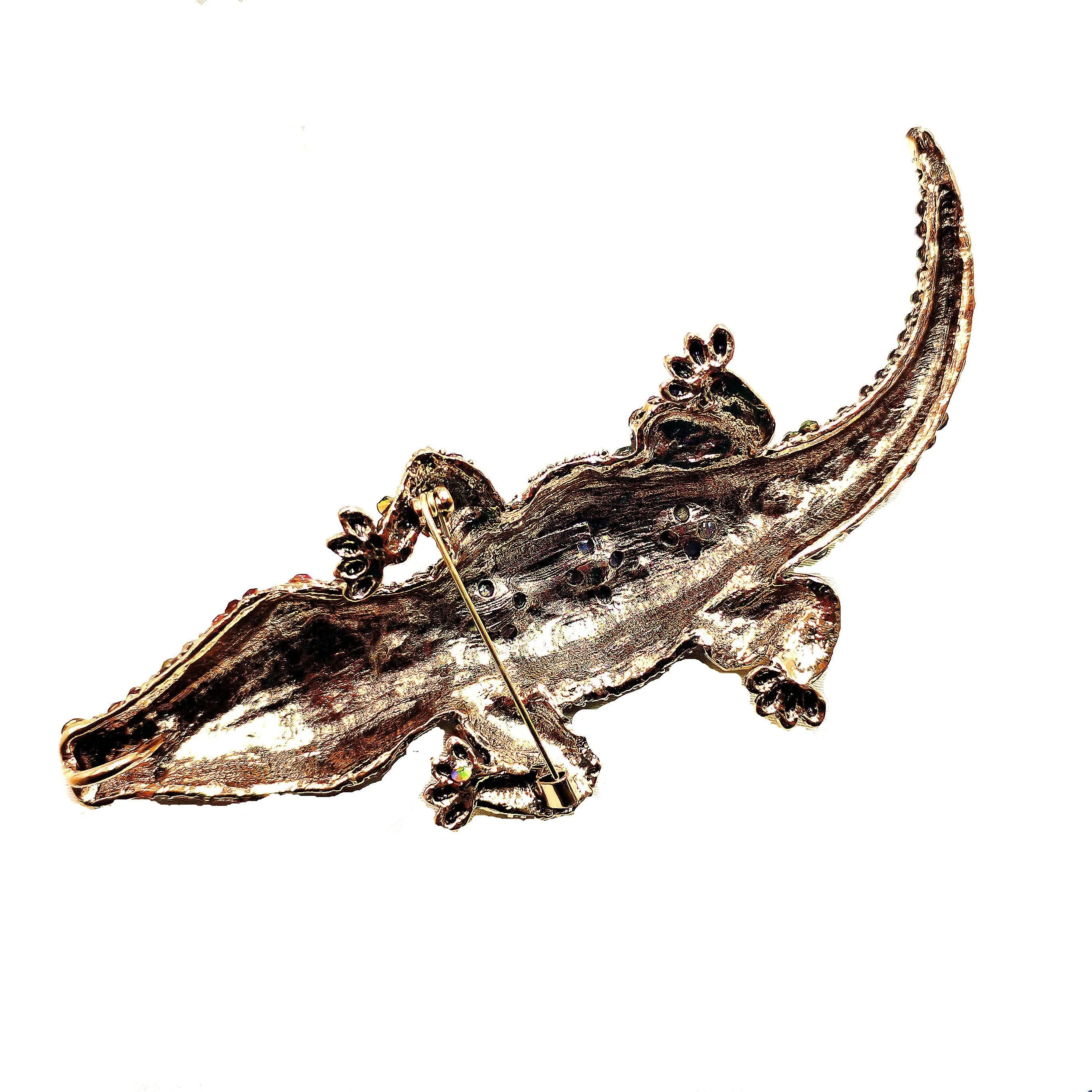 Vintage Enamel & Crystal Red Stone Accent Champagne Brown Large Alligator Brooches Pins Dangerous Animal Reptile Pedant Jewelry