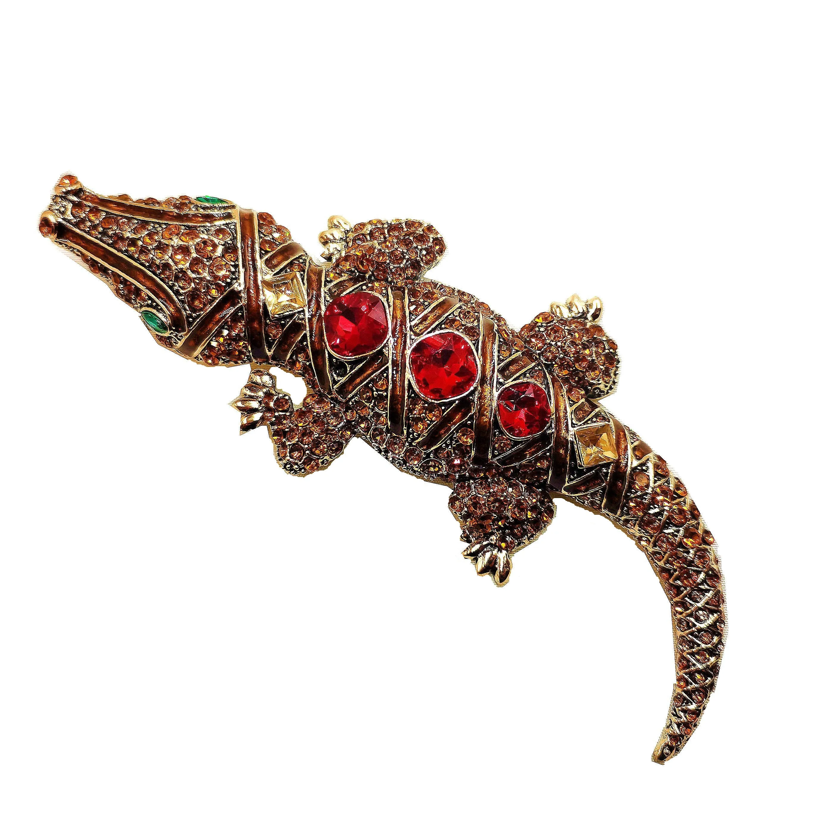 Vintage Enamel & Crystal Red Stone Accent Champagne Brown Large Alligator Brooches Pins Dangerous Animal Reptile Pedant Jewelry