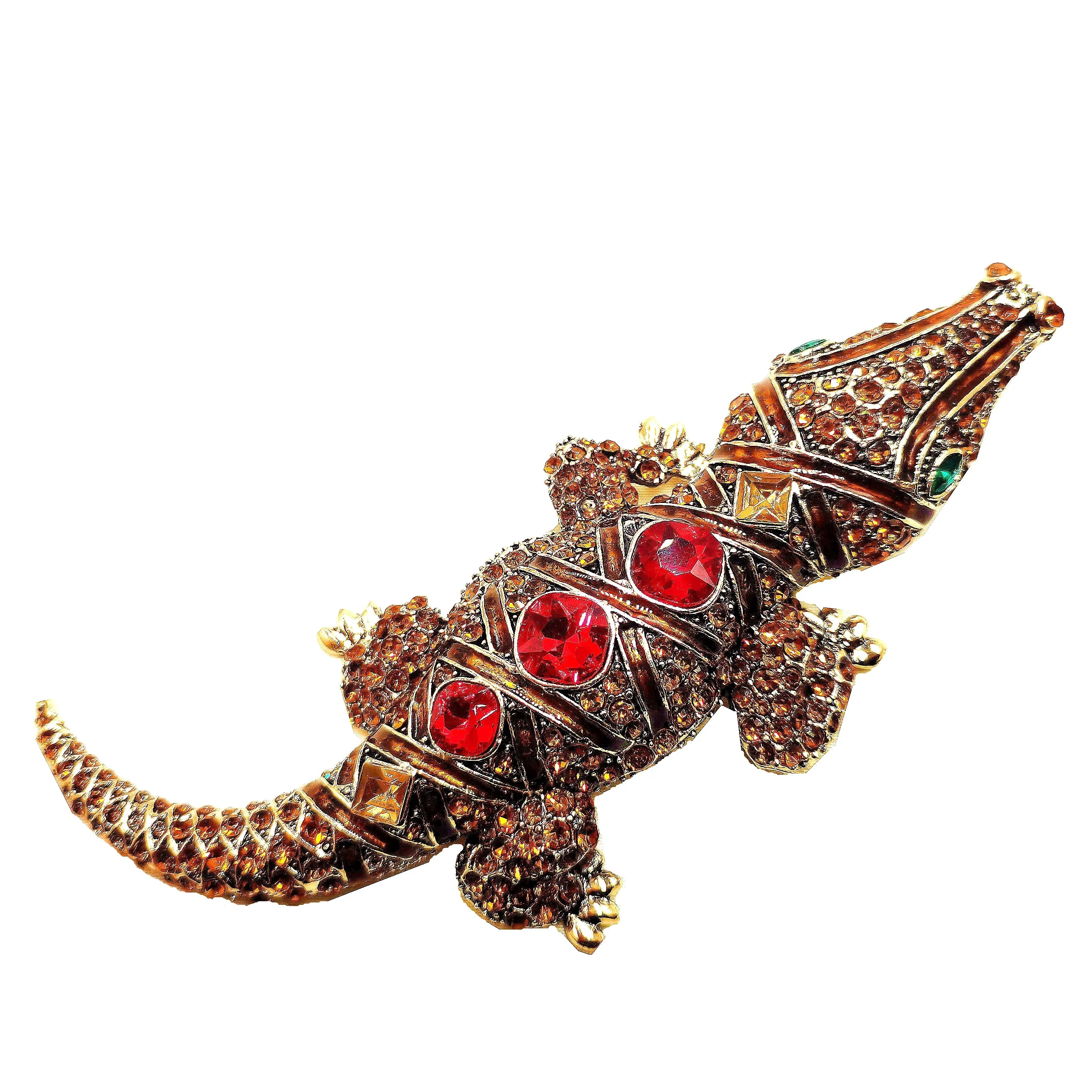 Vintage Enamel & Crystal Red Stone Accent Champagne Brown Large Alligator Brooches Pins Dangerous Animal Reptile Pedant Jewelry