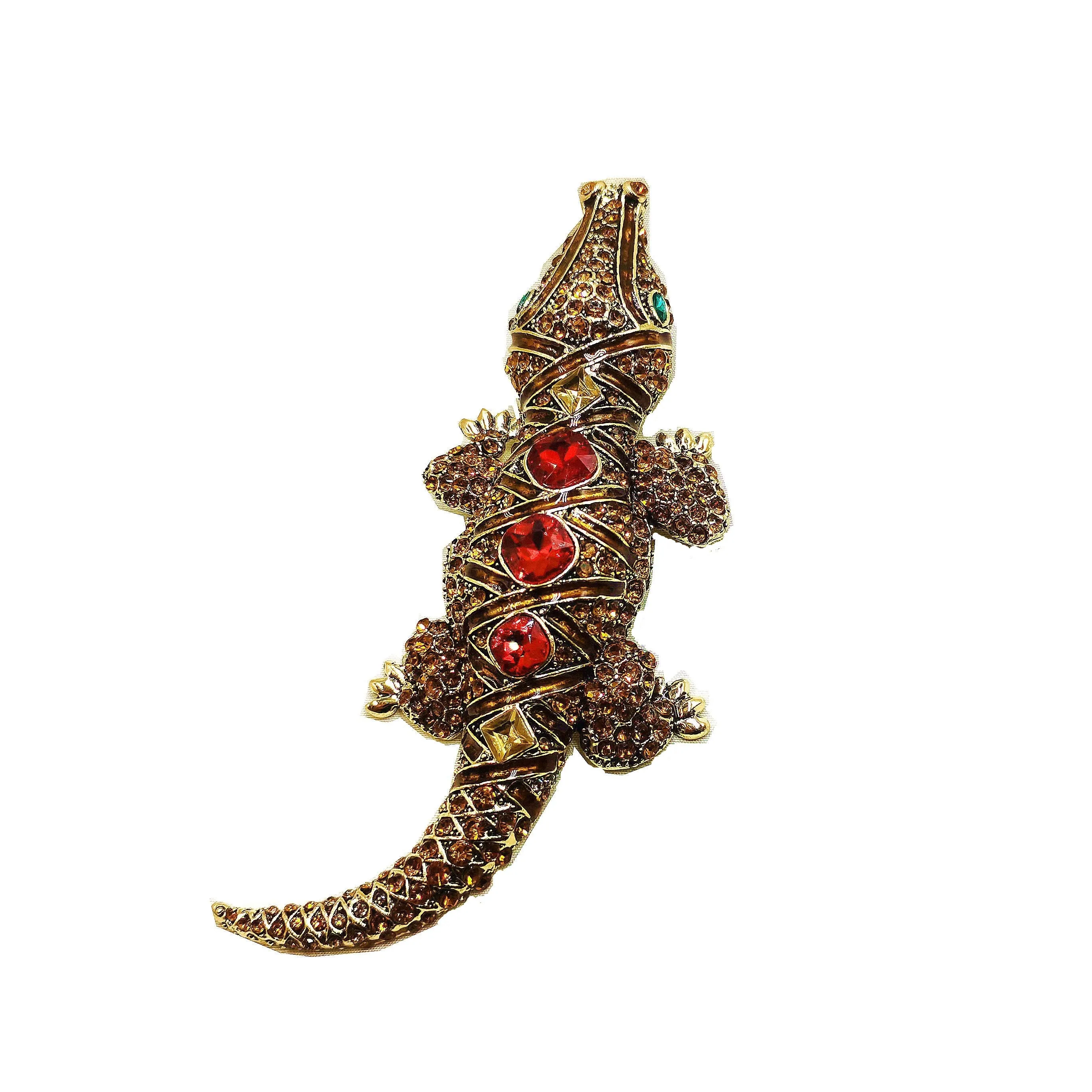 Vintage Enamel & Crystal Red Stone Accent Champagne Brown Large Alligator Brooches Pins Dangerous Animal Reptile Pedant Jewelry
