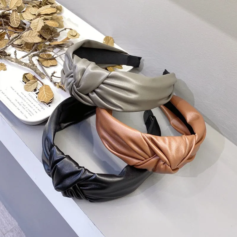 Vintage Solid PU Leather Bezel Hair Bands For Women Turban Headband