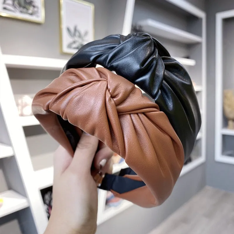 Vintage Solid PU Leather Bezel Hair Bands For Women Turban Headband