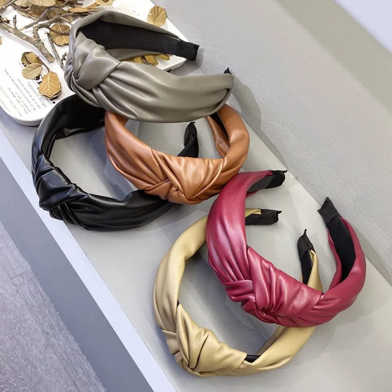 Vintage Solid PU Leather Bezel Hair Bands For Women Turban Headband