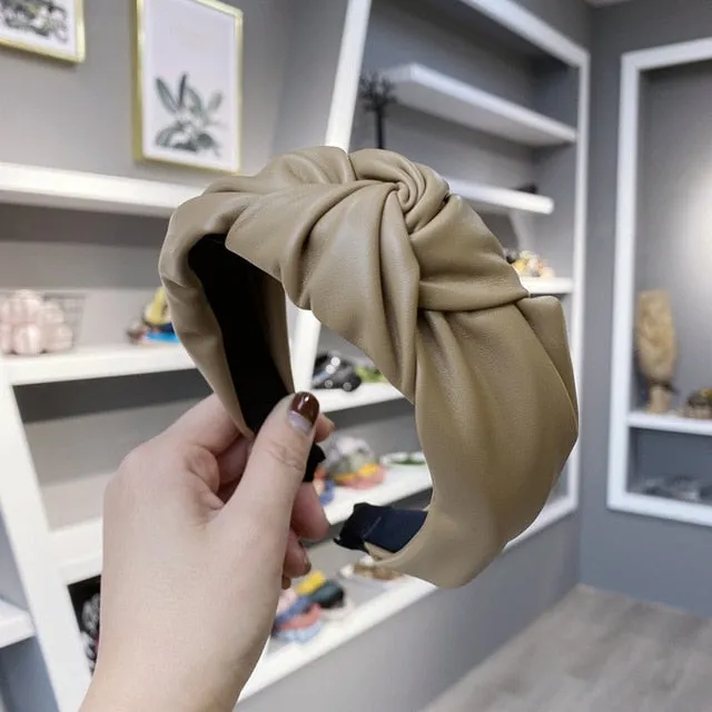 Vintage Solid PU Leather Bezel Hair Bands For Women Turban Headband
