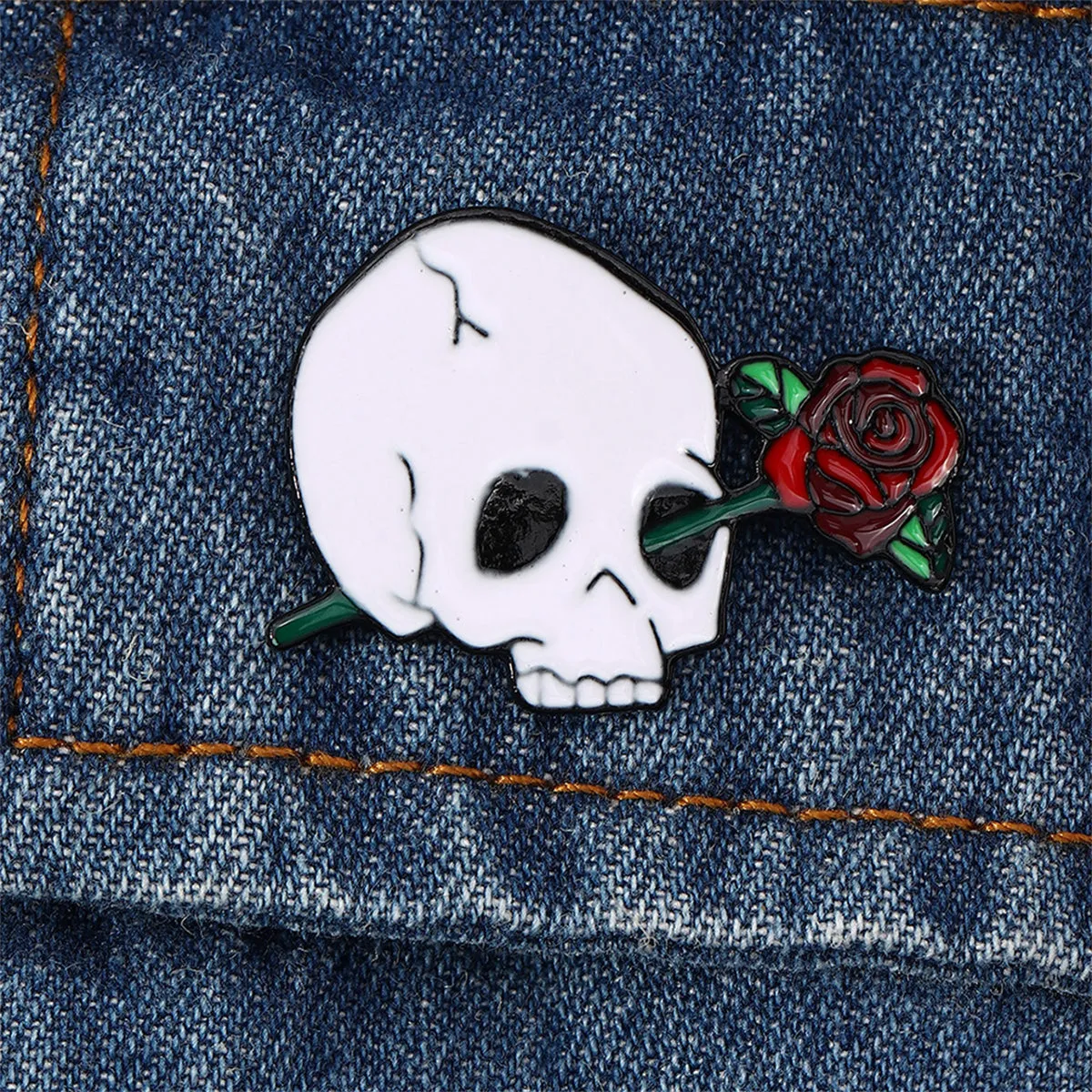 White & Red Skull Rose Brooch