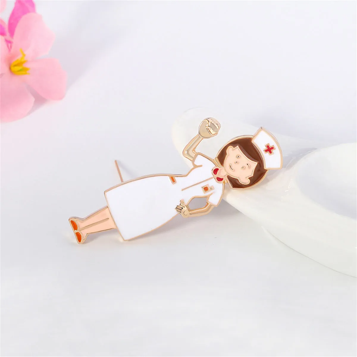 White Enamel & 18K Gold-Plated Nurse Brooch