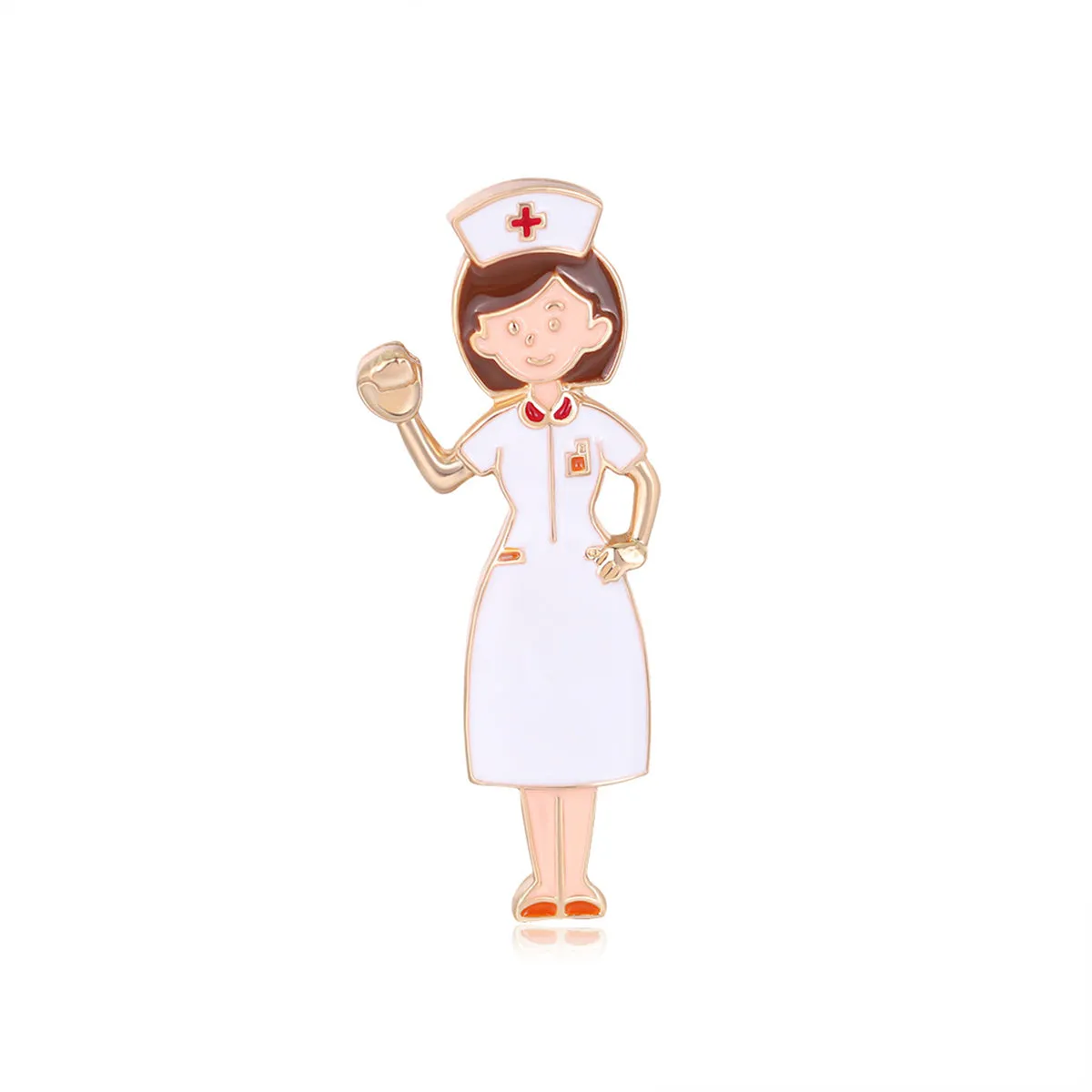 White Enamel & 18K Gold-Plated Nurse Brooch