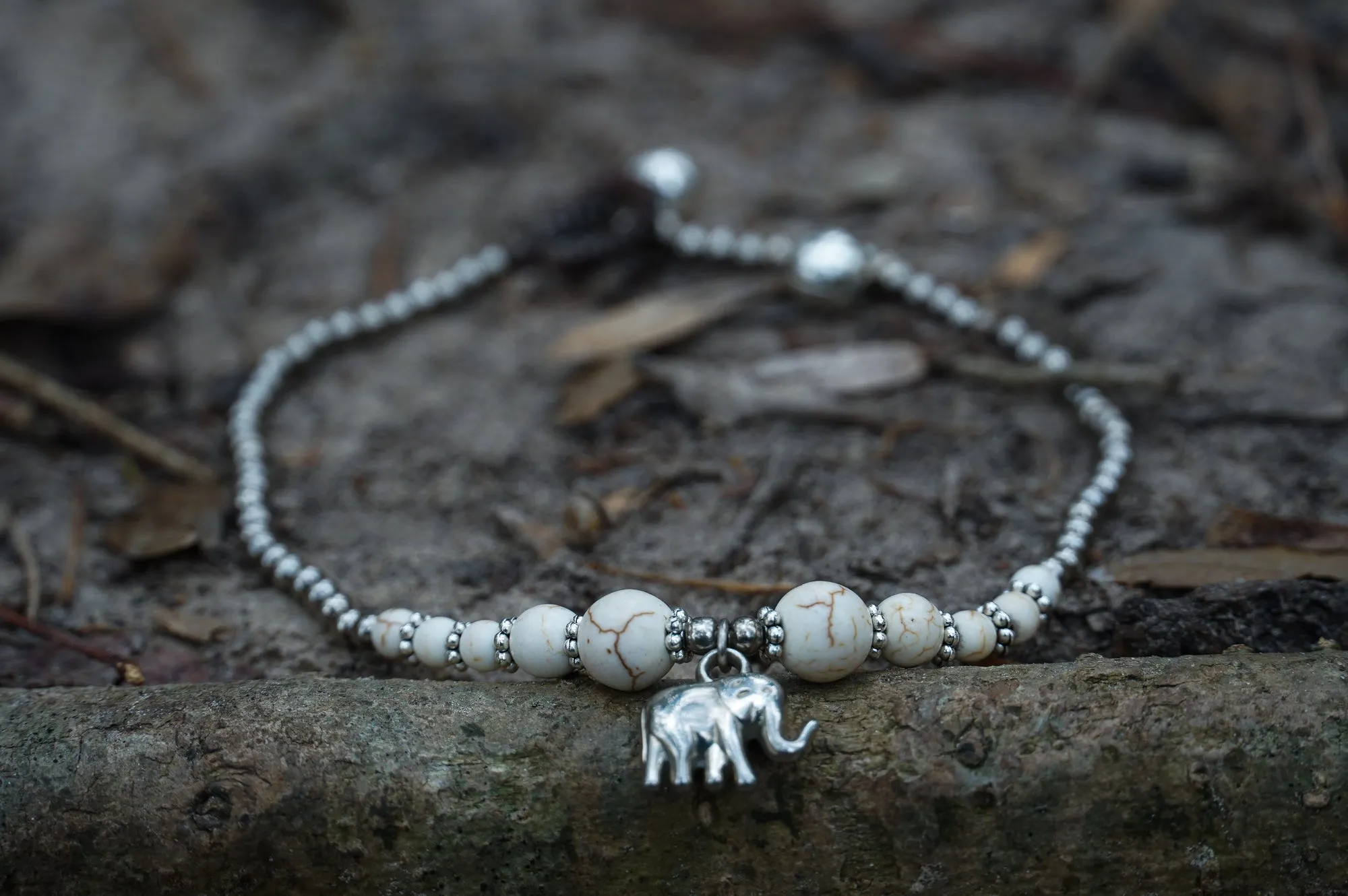 White Howlite Elephant Charm Bracelet