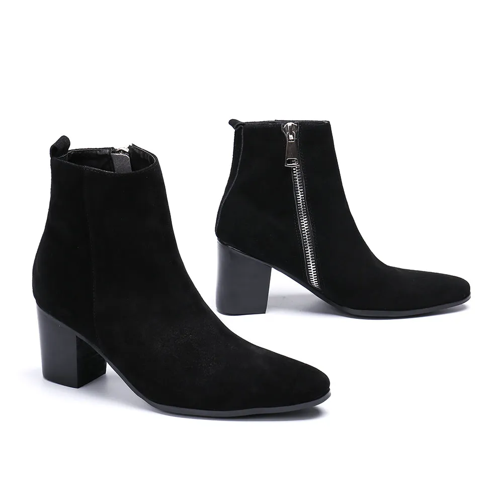 Winter Men Dress Boots Suede Leather High Heel Boots Black Pointed Toe Ankle Boots Large Size Formal Party Shoes