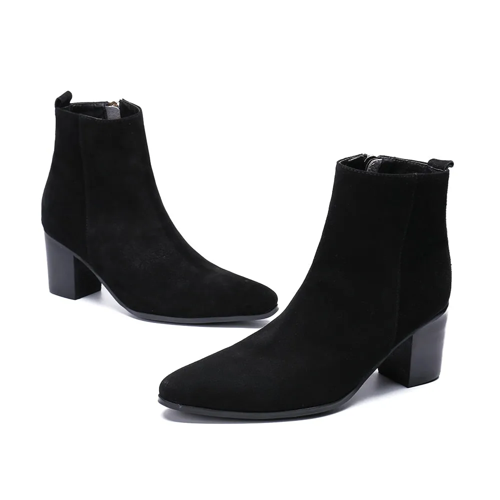 Winter Men Dress Boots Suede Leather High Heel Boots Black Pointed Toe Ankle Boots Large Size Formal Party Shoes