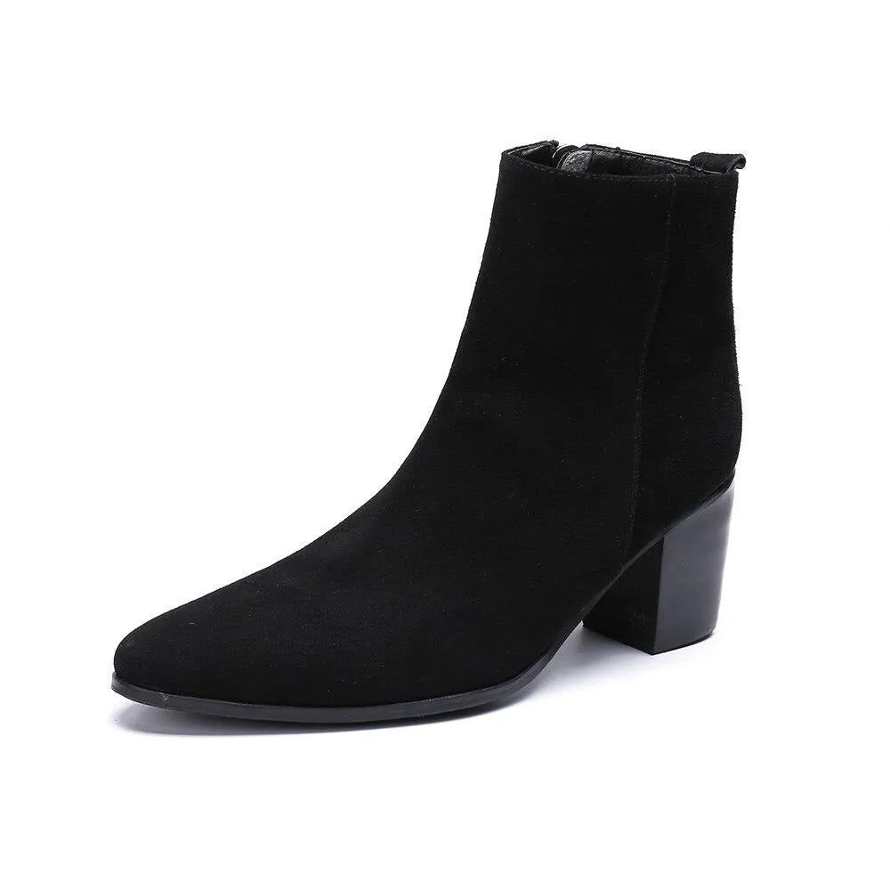 Winter Men Dress Boots Suede Leather High Heel Boots Black Pointed Toe Ankle Boots Large Size Formal Party Shoes
