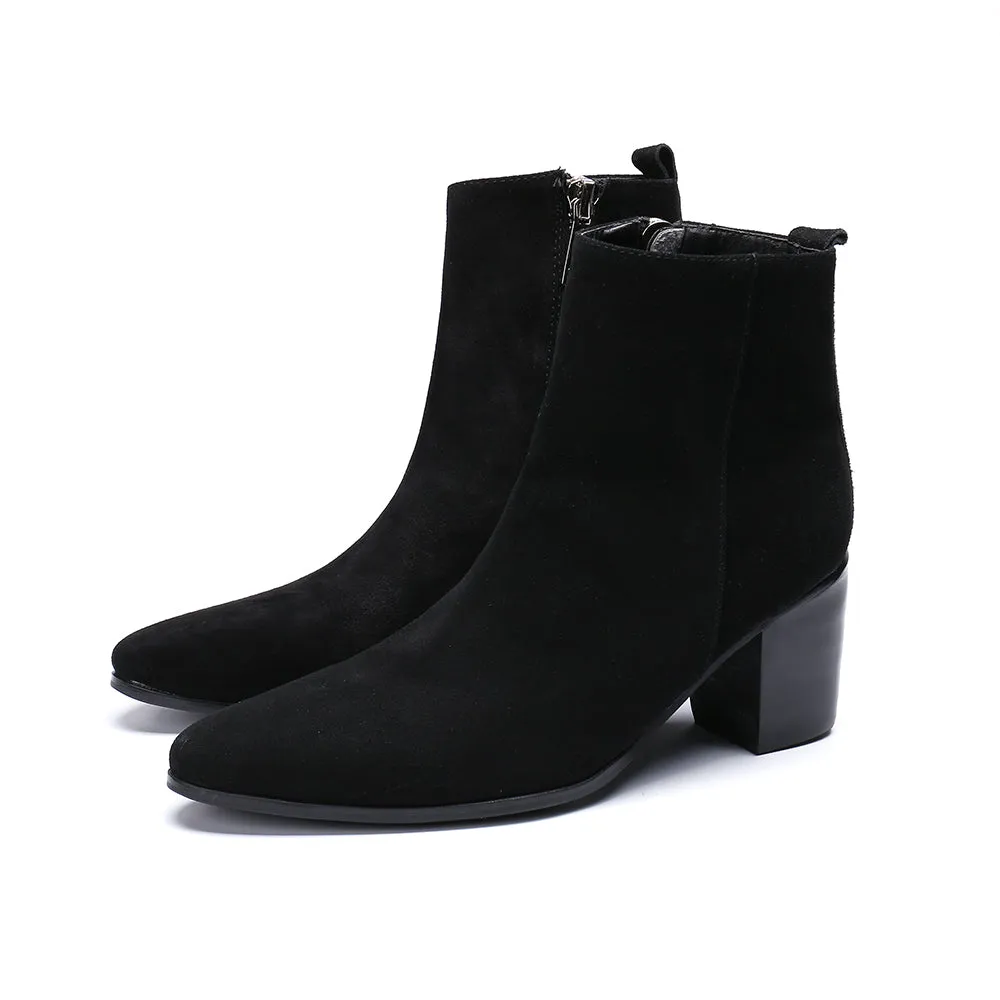 Winter Men Dress Boots Suede Leather High Heel Boots Black Pointed Toe Ankle Boots Large Size Formal Party Shoes