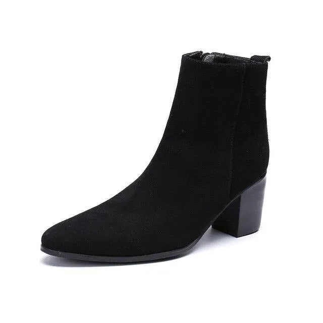 Winter Men Dress Boots Suede Leather High Heel Boots Black Pointed Toe Ankle Boots Large Size Formal Party Shoes