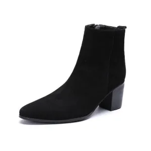 Winter Men Dress Boots Suede Leather High Heel Boots Black Pointed Toe Ankle Boots Large Size Formal Party Shoes