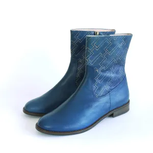 Woman's Ankle Boots.  Indigo dyed leather boots.  SASHIKO