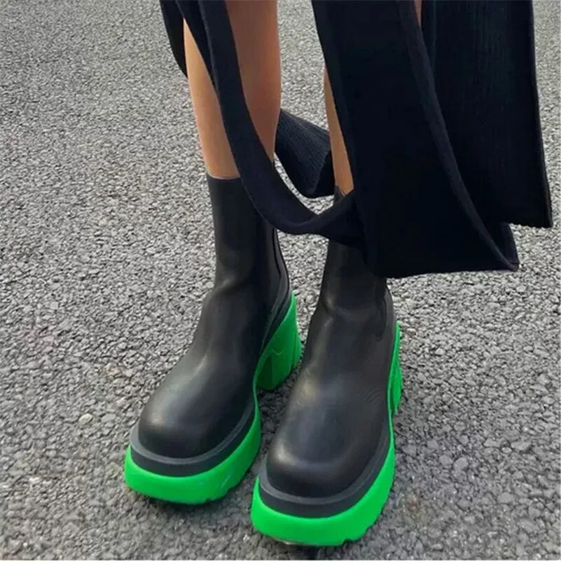 Women Chelsea Boots Platform Thick High Heel Ankle Boots