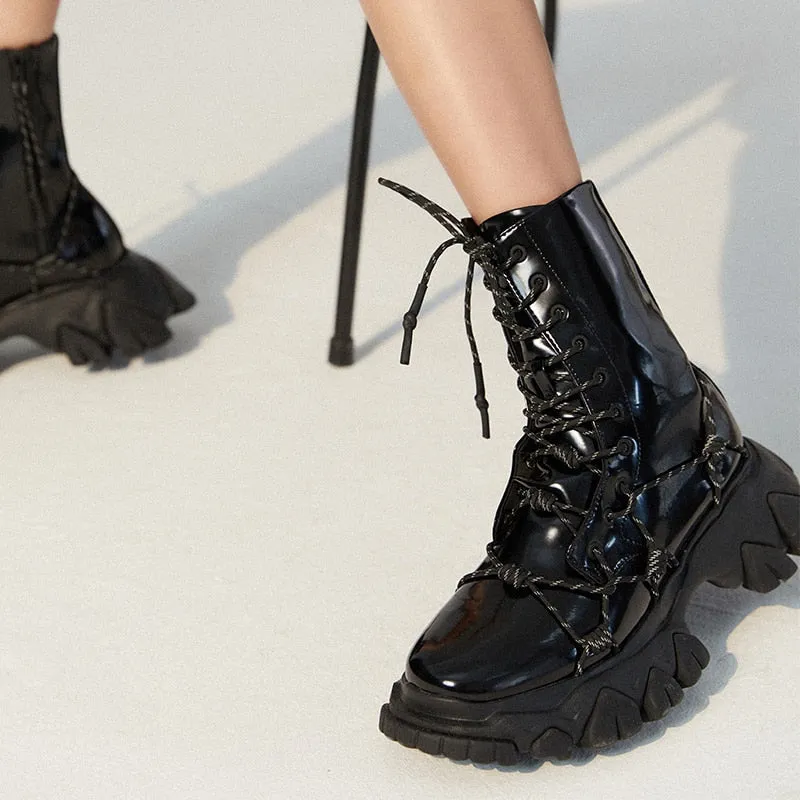 Women Reflective Lace-up Casual Ankle Boots Thick Bottom