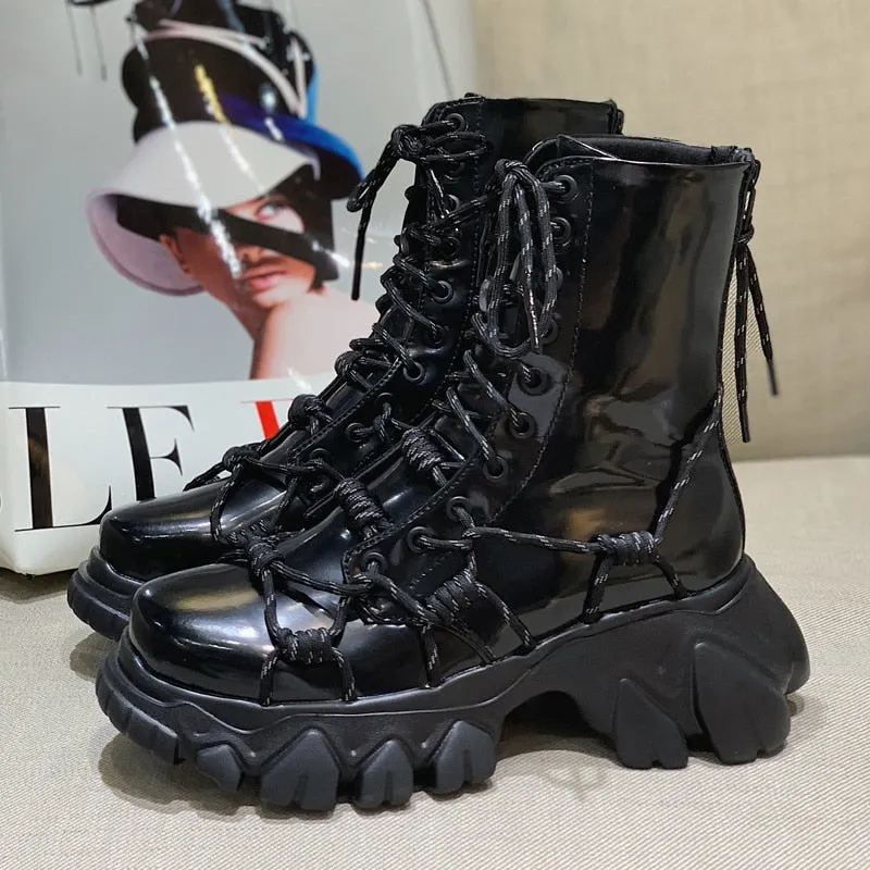 Women Reflective Lace-up Casual Ankle Boots Thick Bottom