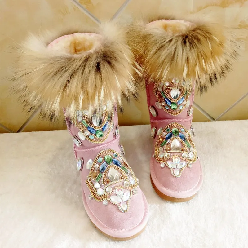 Women Rhinestone Handmade Warm Flat Ankle Boots