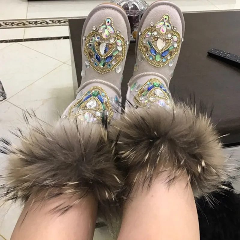 Women Rhinestone Handmade Warm Flat Ankle Boots
