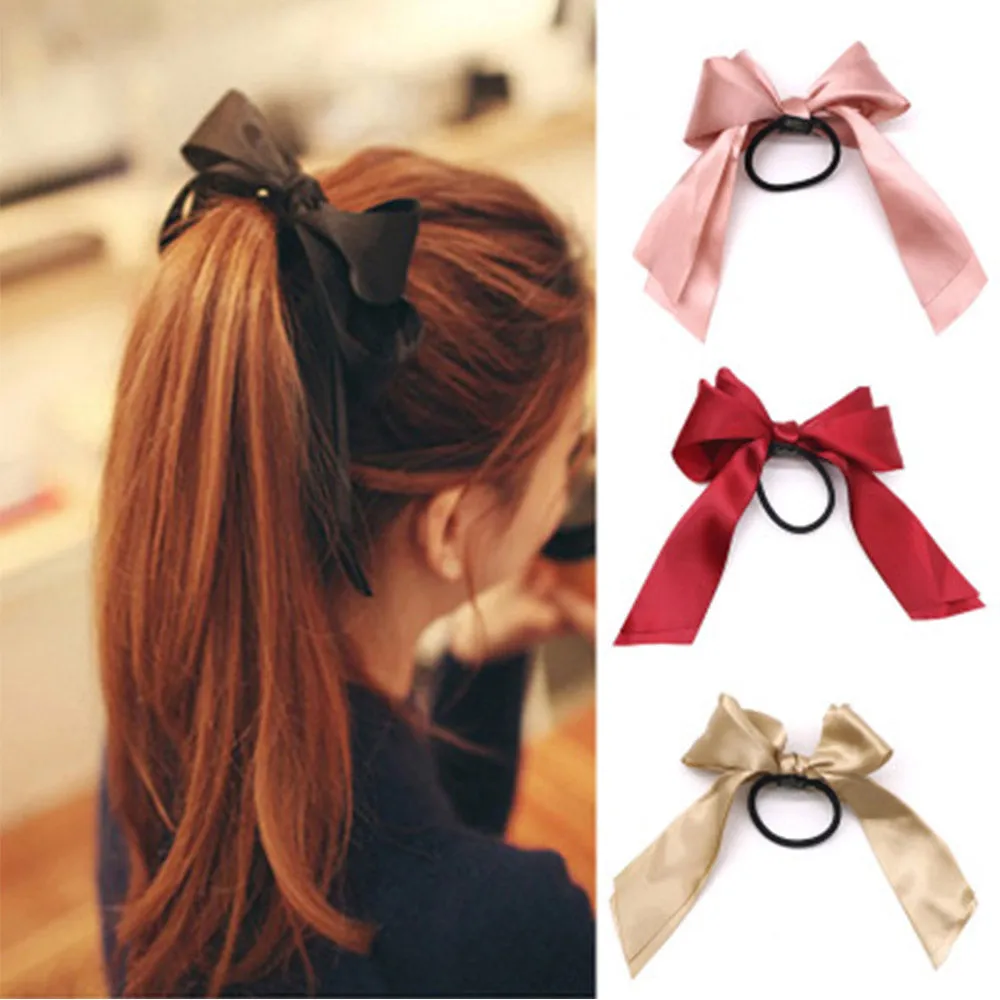 Women Rubber Bands Tiara Satin Ribbon Hair Bow Elastic Hair Band Rope Scrunchies Ponytail Holder Gum for Girls Hair Accessories