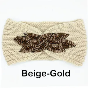 Women's Beaded Knitted Wool Headbands Boho Flower Turban Head Wrap Bandage Winter Ear Warmer Girls Hairband Hair Accessories