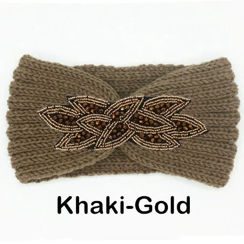 Women's Beaded Knitted Wool Headbands Boho Flower Turban Head Wrap Bandage Winter Ear Warmer Girls Hairband Hair Accessories