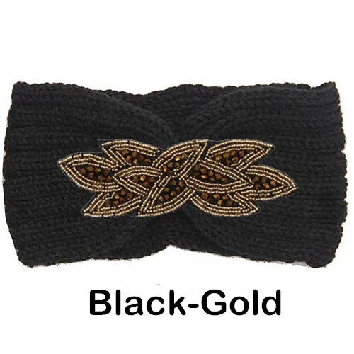 Women's Beaded Knitted Wool Headbands Boho Flower Turban Head Wrap Bandage Winter Ear Warmer Girls Hairband Hair Accessories
