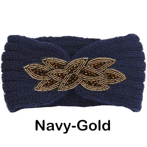 Women's Beaded Knitted Wool Headbands Boho Flower Turban Head Wrap Bandage Winter Ear Warmer Girls Hairband Hair Accessories