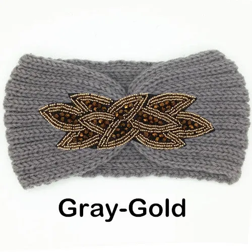 Women's Beaded Knitted Wool Headbands Boho Flower Turban Head Wrap Bandage Winter Ear Warmer Girls Hairband Hair Accessories