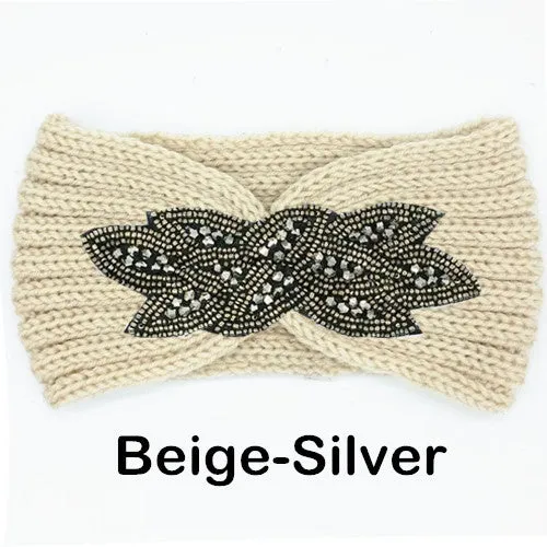 Women's Beaded Knitted Wool Headbands Boho Flower Turban Head Wrap Bandage Winter Ear Warmer Girls Hairband Hair Accessories