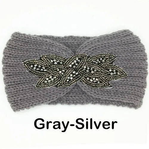 Women's Beaded Knitted Wool Headbands Boho Flower Turban Head Wrap Bandage Winter Ear Warmer Girls Hairband Hair Accessories