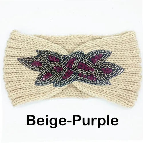 Women's Beaded Knitted Wool Headbands Boho Flower Turban Head Wrap Bandage Winter Ear Warmer Girls Hairband Hair Accessories