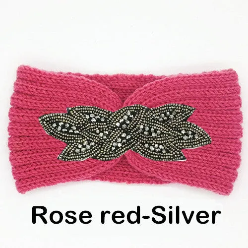 Women's Beaded Knitted Wool Headbands Boho Flower Turban Head Wrap Bandage Winter Ear Warmer Girls Hairband Hair Accessories