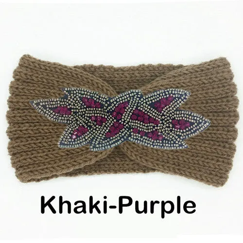 Women's Beaded Knitted Wool Headbands Boho Flower Turban Head Wrap Bandage Winter Ear Warmer Girls Hairband Hair Accessories