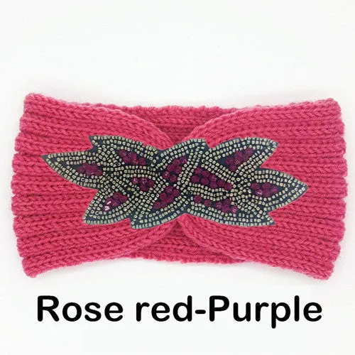 Women's Beaded Knitted Wool Headbands Boho Flower Turban Head Wrap Bandage Winter Ear Warmer Girls Hairband Hair Accessories