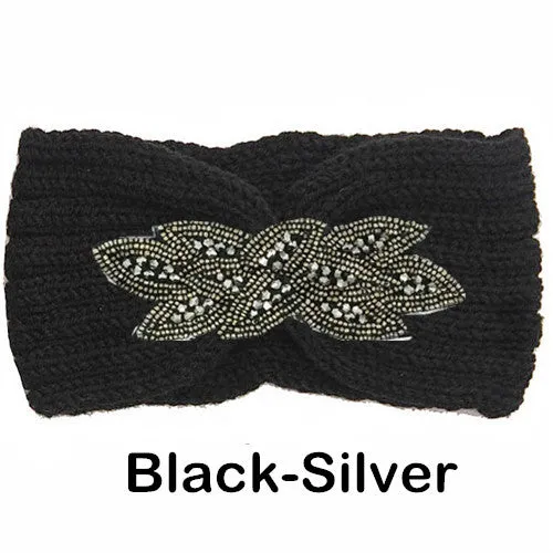 Women's Beaded Knitted Wool Headbands Boho Flower Turban Head Wrap Bandage Winter Ear Warmer Girls Hairband Hair Accessories