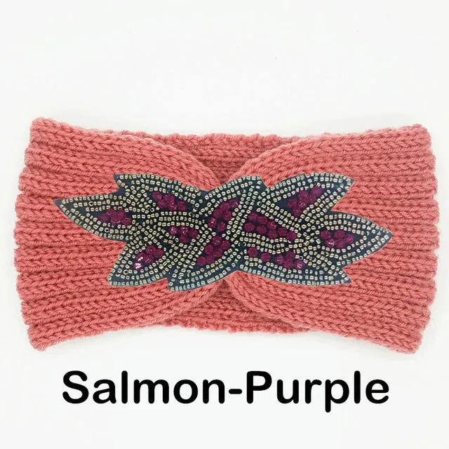 Women's Beaded Knitted Wool Headbands Boho Flower Turban Head Wrap Bandage Winter Ear Warmer Girls Hairband Hair Accessories