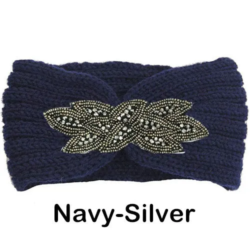 Women's Beaded Knitted Wool Headbands Boho Flower Turban Head Wrap Bandage Winter Ear Warmer Girls Hairband Hair Accessories