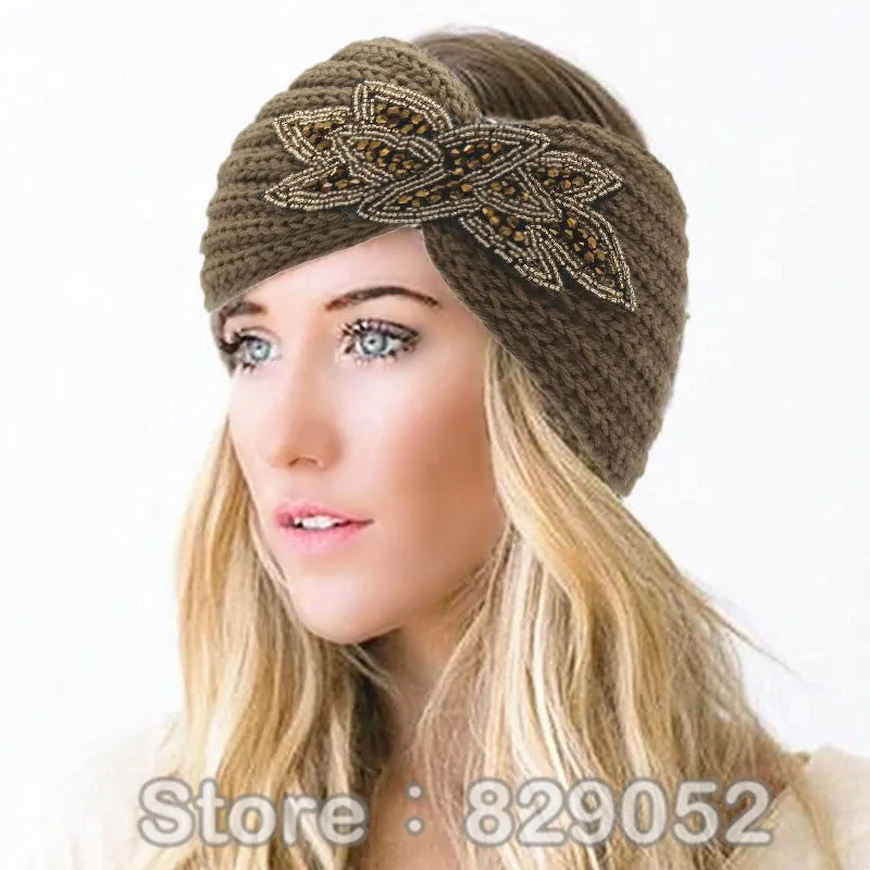 Women's Beaded Knitted Wool Headbands Boho Flower Turban Head Wrap Bandage Winter Ear Warmer Girls Hairband Hair Accessories