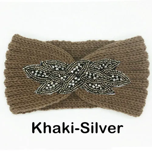 Women's Beaded Knitted Wool Headbands Boho Flower Turban Head Wrap Bandage Winter Ear Warmer Girls Hairband Hair Accessories
