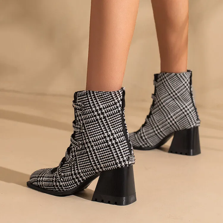 Women's Embossed Leather Rivets Block Heel Short Boots