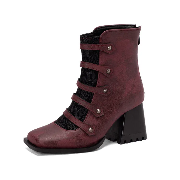 Women's Embossed Leather Rivets Block Heel Short Boots